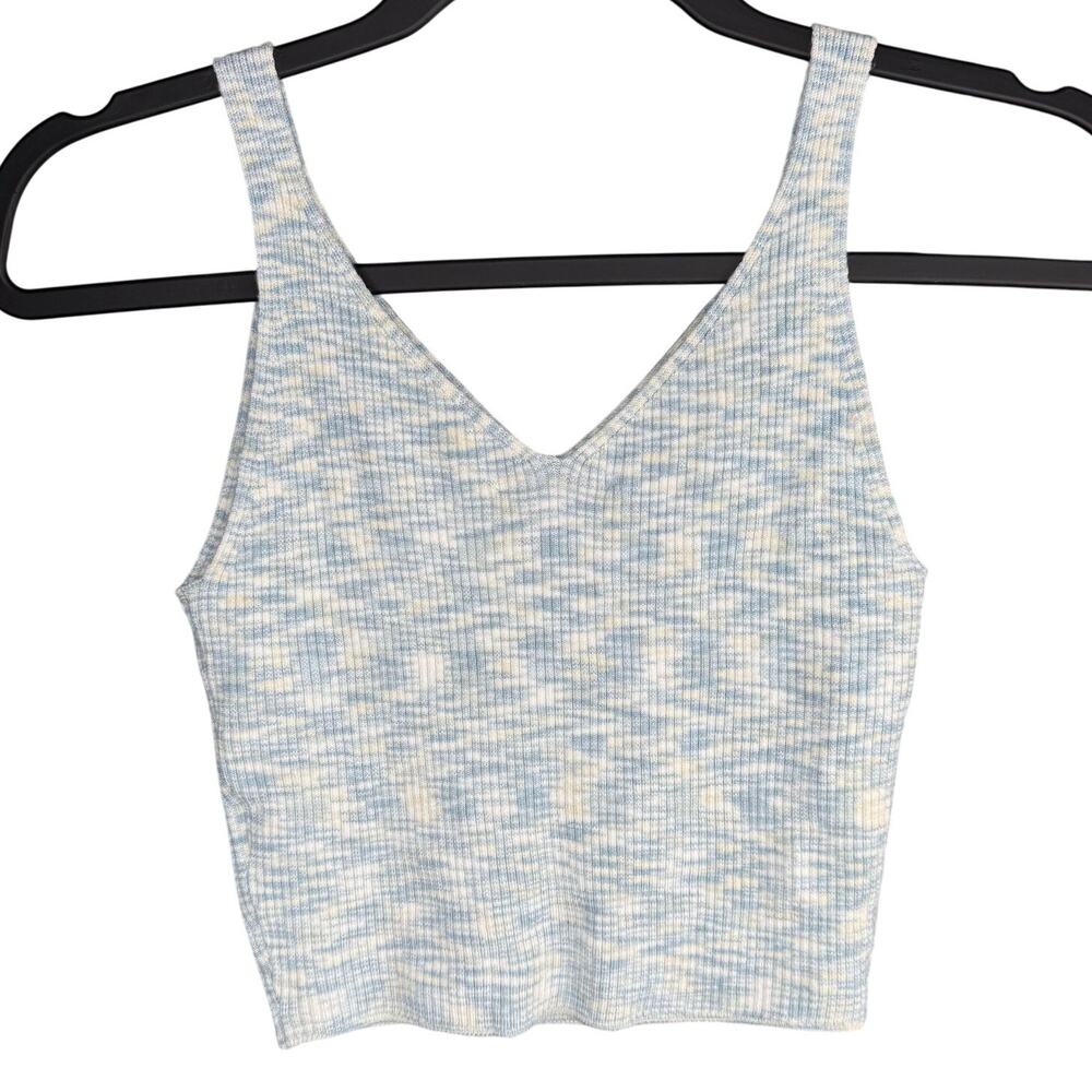 HOUSE OF HARLOW 1960 XS Ribbed Soft Knit Stretchy V Neck Marled Blue/Cream Crop